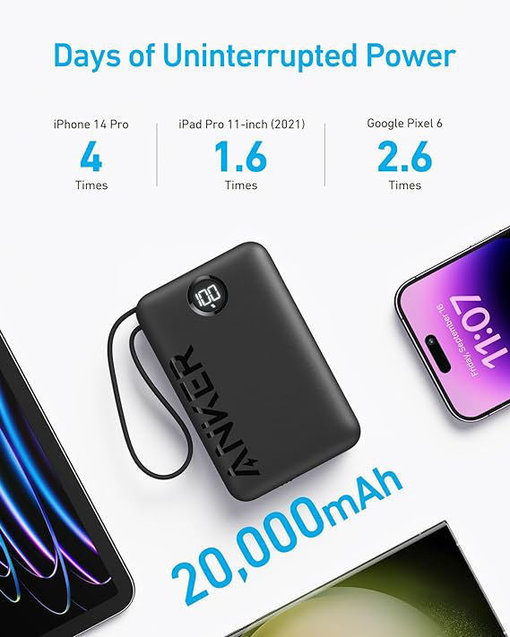 Anker 335 Power Bank (20K 22.5W PD, Built-In USB-C Cable) - Black