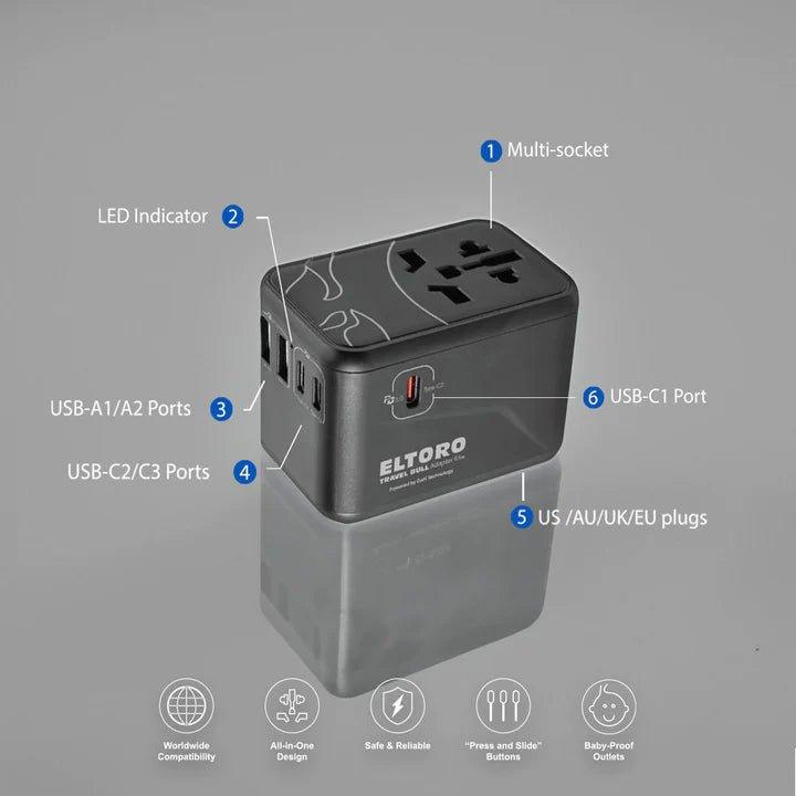 Eltoro 65W Travel Bull Adapter PD GaN Tech USB-A 2Ports & USB-C 3Ports - Black - Tech Goods