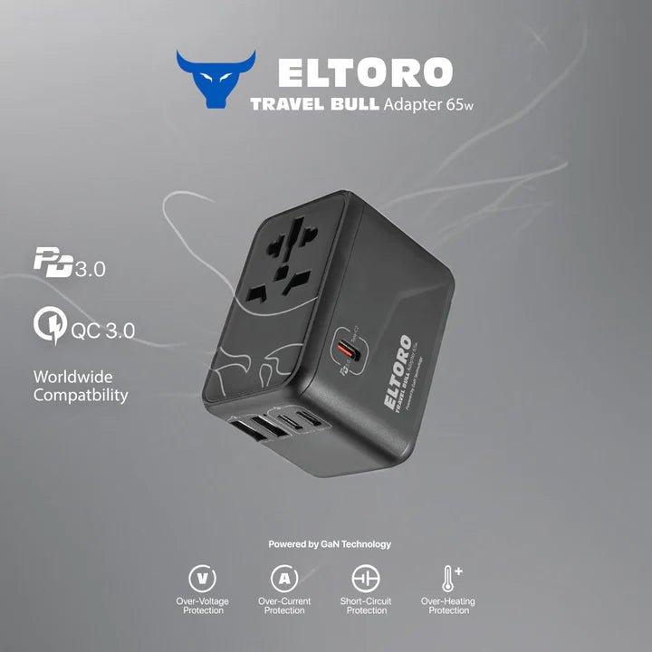 Eltoro 65W Travel Bull Adapter PD GaN Tech USB-A 2Ports & USB-C 3Ports - Black - Tech Goods