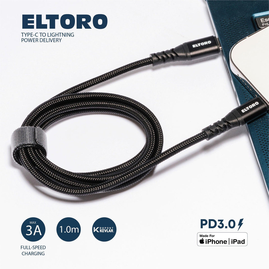 Eltoro Kevlar Cable USB-C to Lightning 1M with Nylon PP Yarn Jacket - Black - Tech Goods