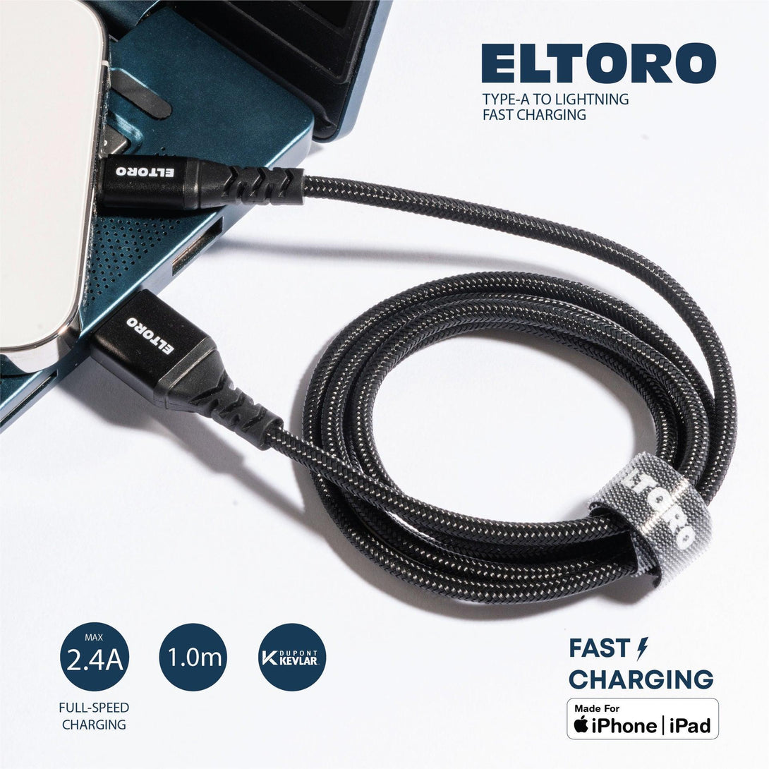 Eltoro Kevlar USB-A to Lightning Cable 1M with Nylon PP Yarn Jacket - Black - Tech Goods