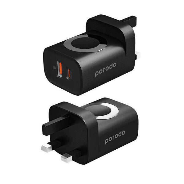 Porodo Wall Charger USB-A and USB-C Dual Port with Apple Watch Charger PD 20W- Black - Tech Goods