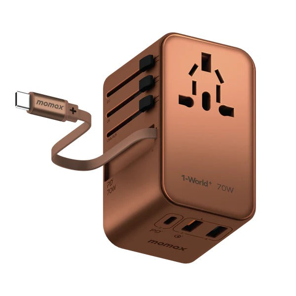 Momax 1-World 70W Gan 3 Port With Built-In USB-C Cable Ac Travel Adaptor - Desert Titanium