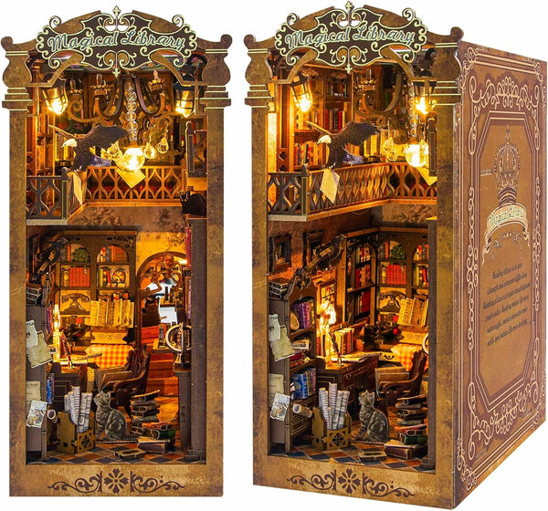 CRIOLPO  DIY Book Nook Miniature Kit, DIY Booknook Bookshelf Insert Decor, 3D Wooden Booknook Miniature Kit for Creative Assembled Bookends（Magical Library）