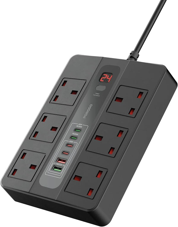 Porodo 6 AC 2 USB-A 24W & 4 USB-C PD 36W Multi-Port Super Hub 3M 3000W UK - Black