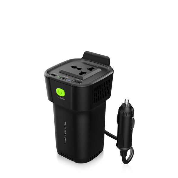 Powerology 150W Cup Holder Power Inverter Dual USB-C & USB-A QC3.