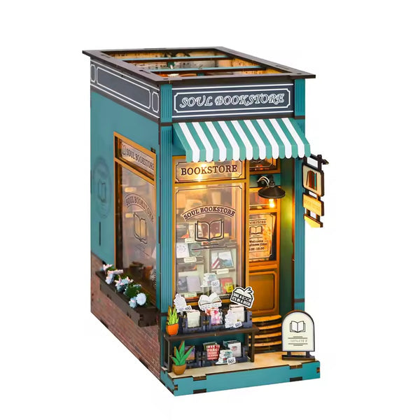 CRIOLPO DIY Book Nook Kit, Miniature House Model, Charming Bookshelf Scene, Wooden Dolls House, Bookshelf Miniature Scenes, for Hobbyists and Decor - Soul Bookstore