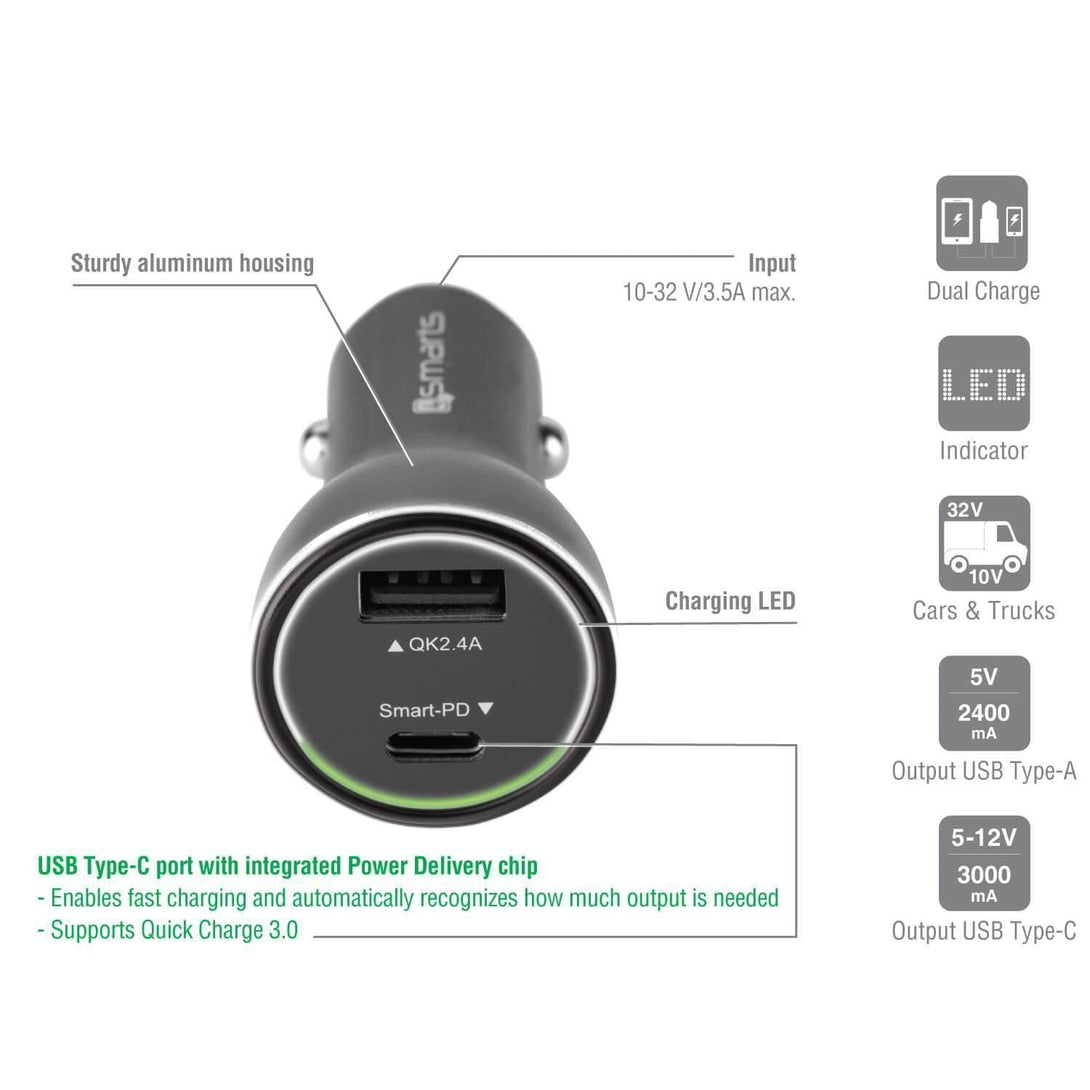 4smarts Fast Car Charger VoltRoad iPD with Quick Charge 3.0 and Power Delivery - Tech Goods