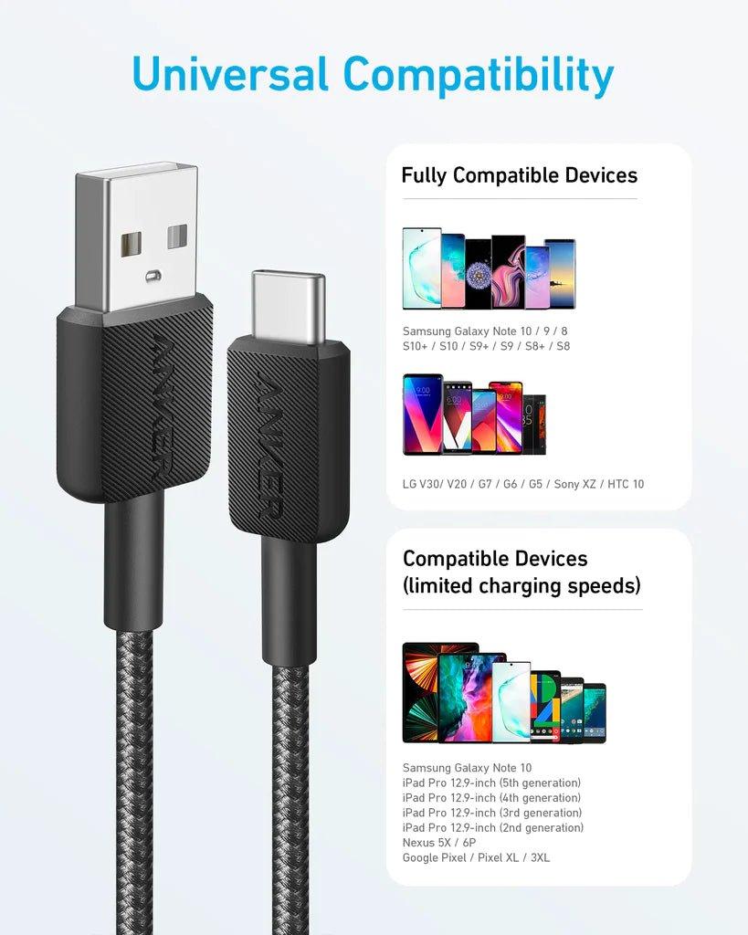Anker 322 USB-A to USB-C Cable Braided (0.9m/3ft) - Black - Tech Goods