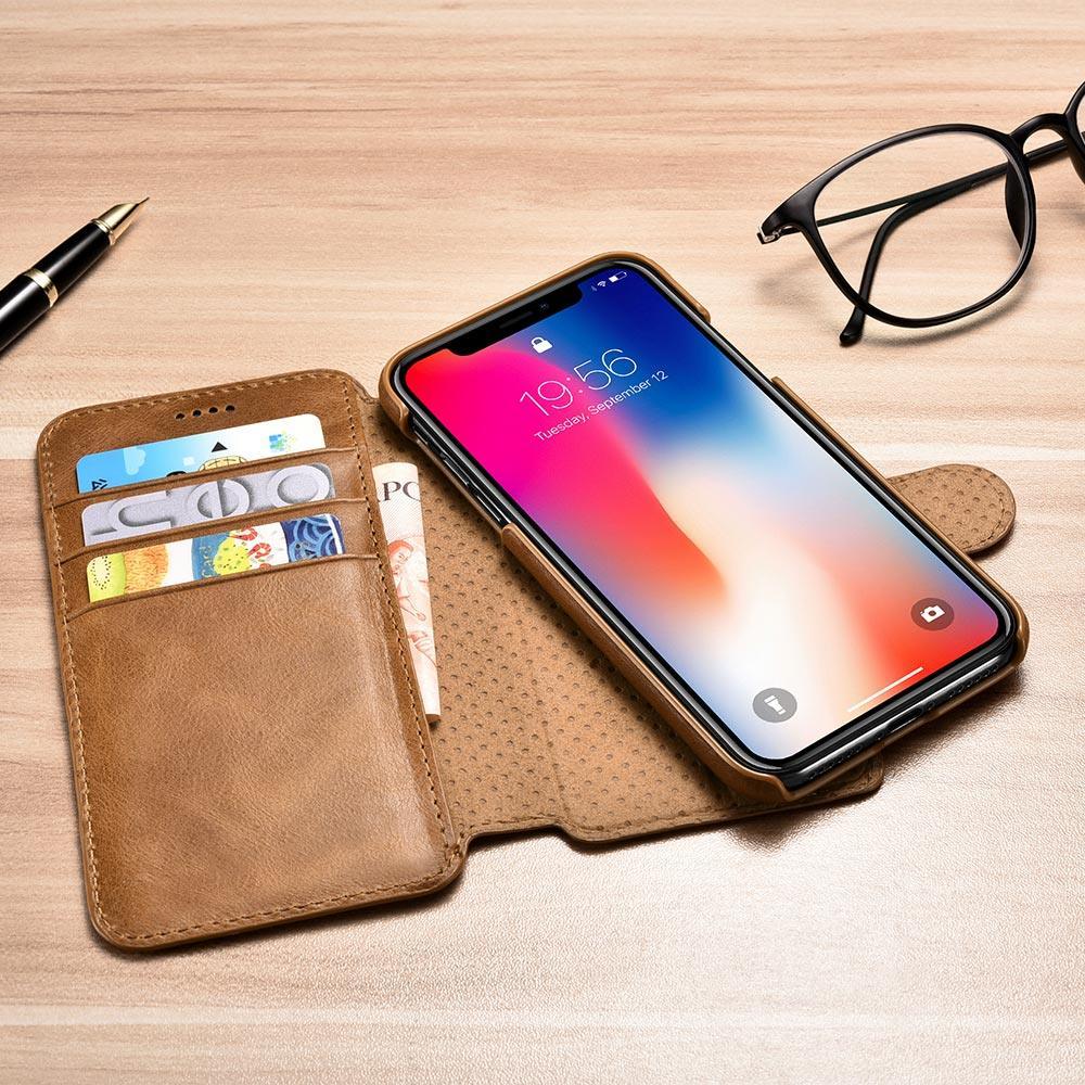 ICARER iPhone XS Max Genuine Leather Detachable 2 in 1 Mobile Phone Wallet Folio Case Brown - Tech Goods