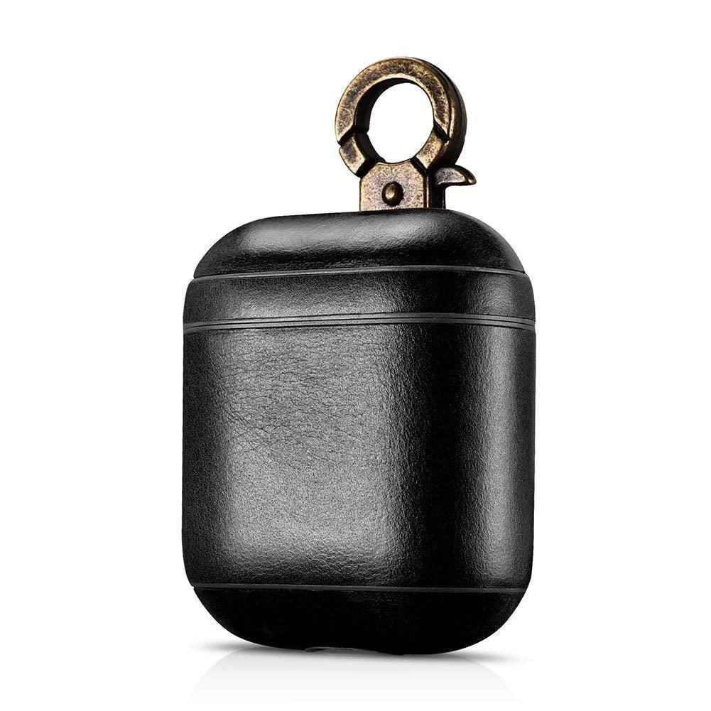 ICARER Vintage Series Real Leather Airpods Case With The Metal Hook - Black - Tech Goods