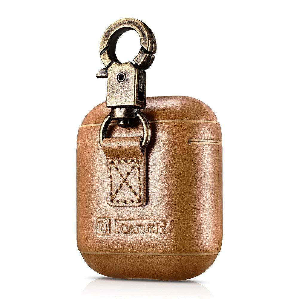 ICARER Vintage Series Real Leather Airpods Case With The Metal Hook - Khaki - Tech Goods