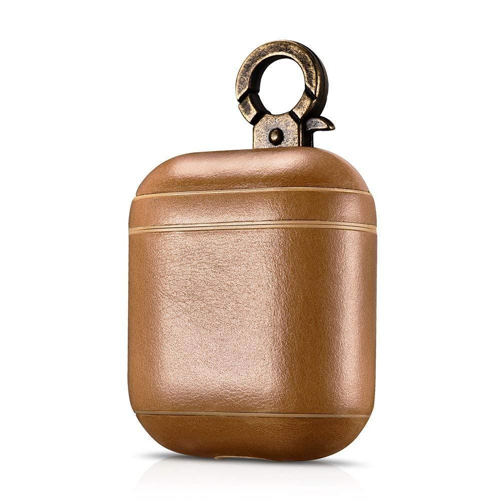ICARER Vintage Series Real Leather Airpods Case With The Metal Hook - Khaki - Tech Goods
