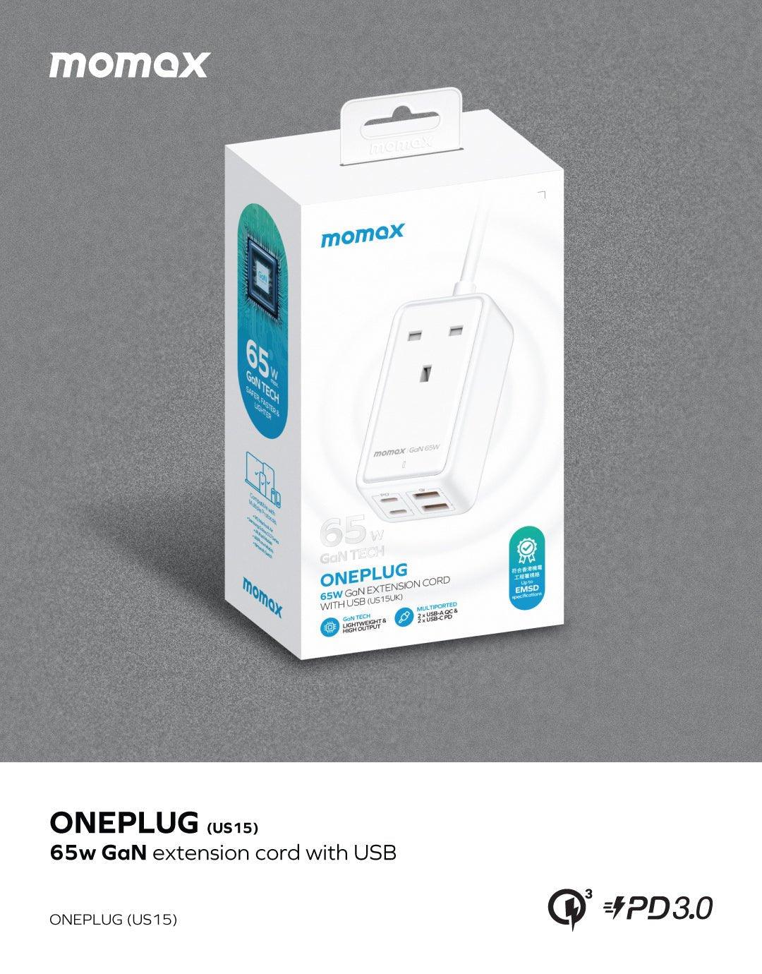 MOMAX ONEPLUG 65W GaN Extension Cord with USBPower Strip - Grey - Tech Goods