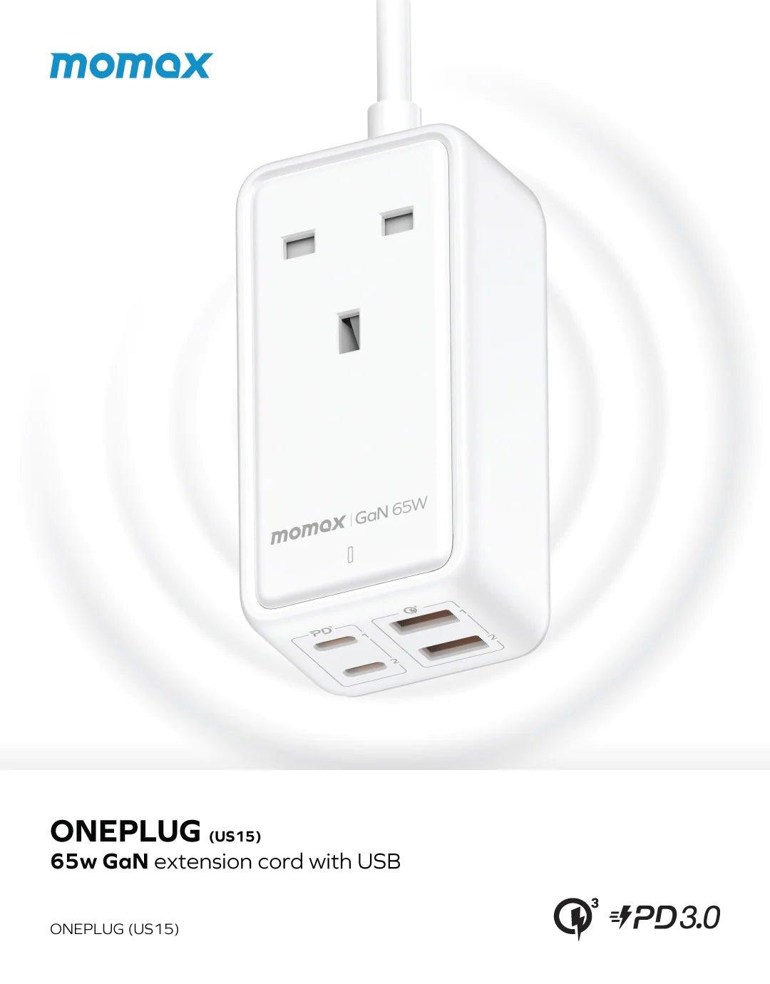 MOMAX ONEPLUG 65W GaN Extension Cord with USBPower Strip - White - Tech Goods