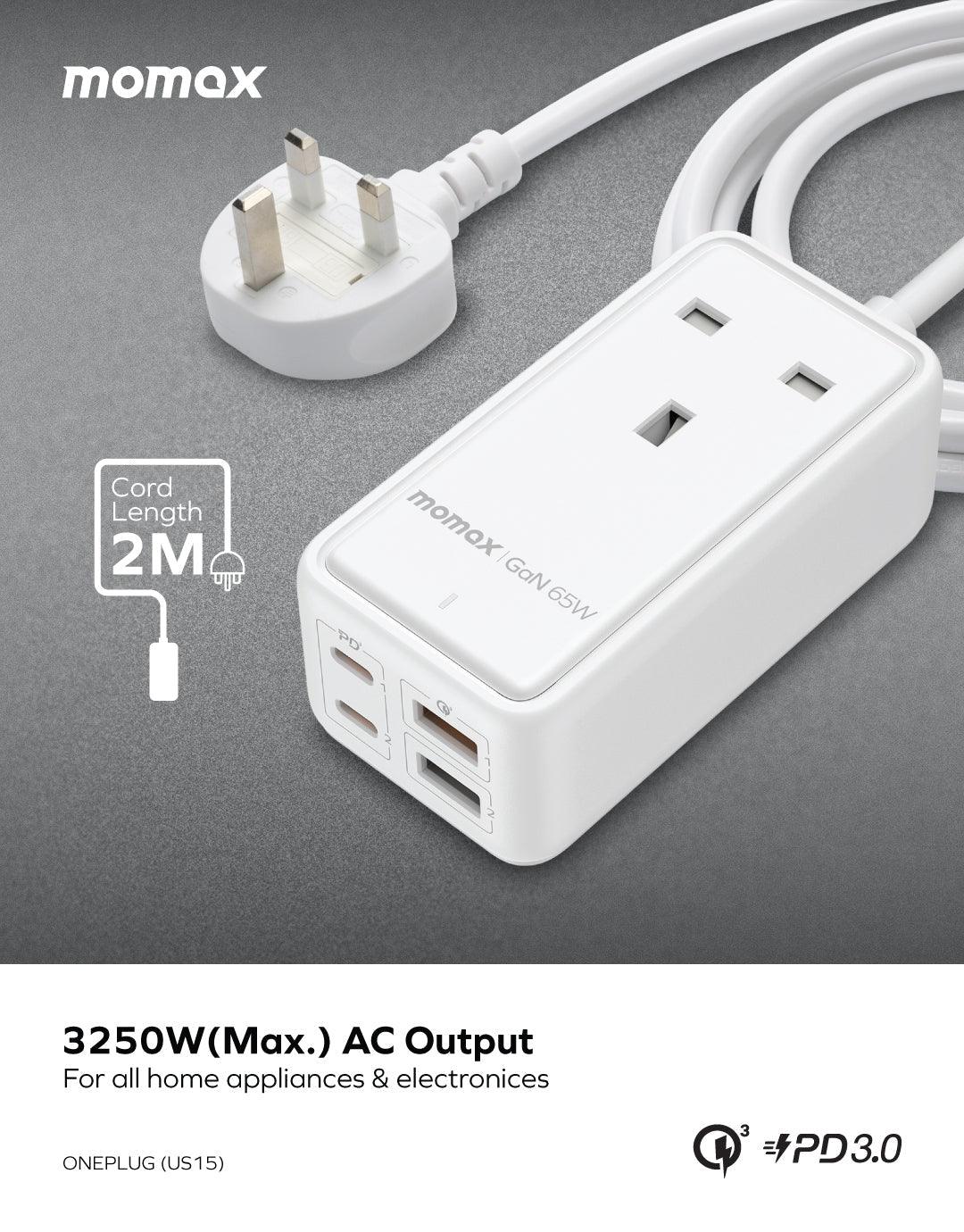 MOMAX ONEPLUG 65W GaN Extension Cord with USBPower Strip - White - Tech Goods