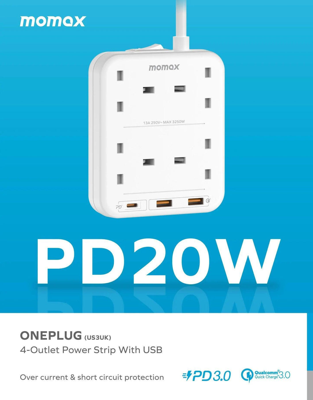 Momax OnePlug PD20W 2A1C 4 Outlet Strip - White - Tech Goods
