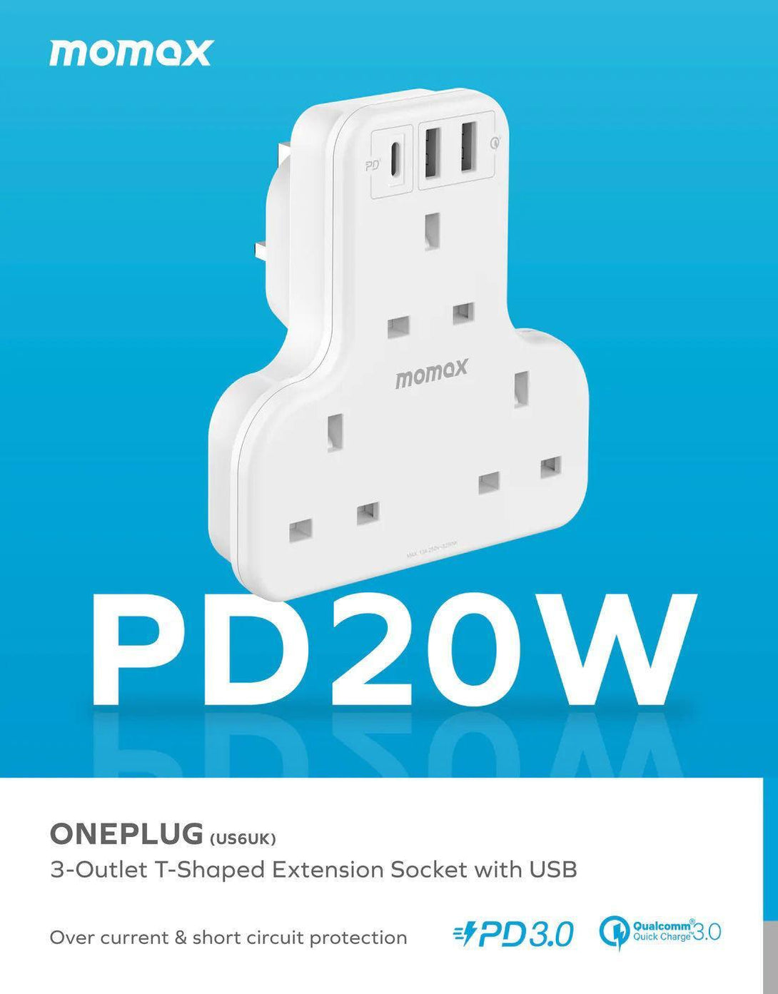 Momax OnePlug PD20W 3 Outlet T Strip - White - Tech Goods