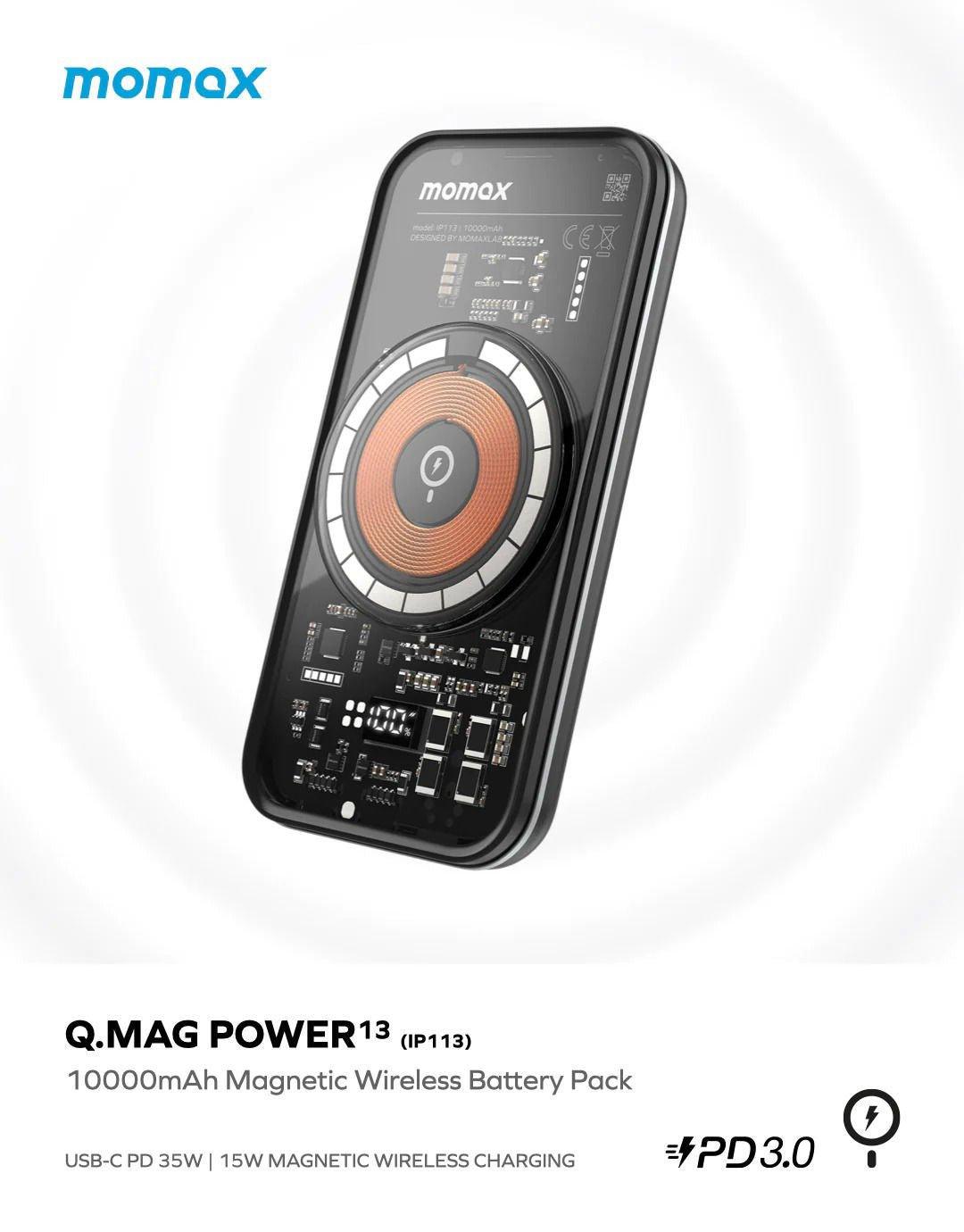 Momax Q.Mag Power 13 PD 35W 10000mAh Magnetic Power Battery Pack - Black - Tech Goods