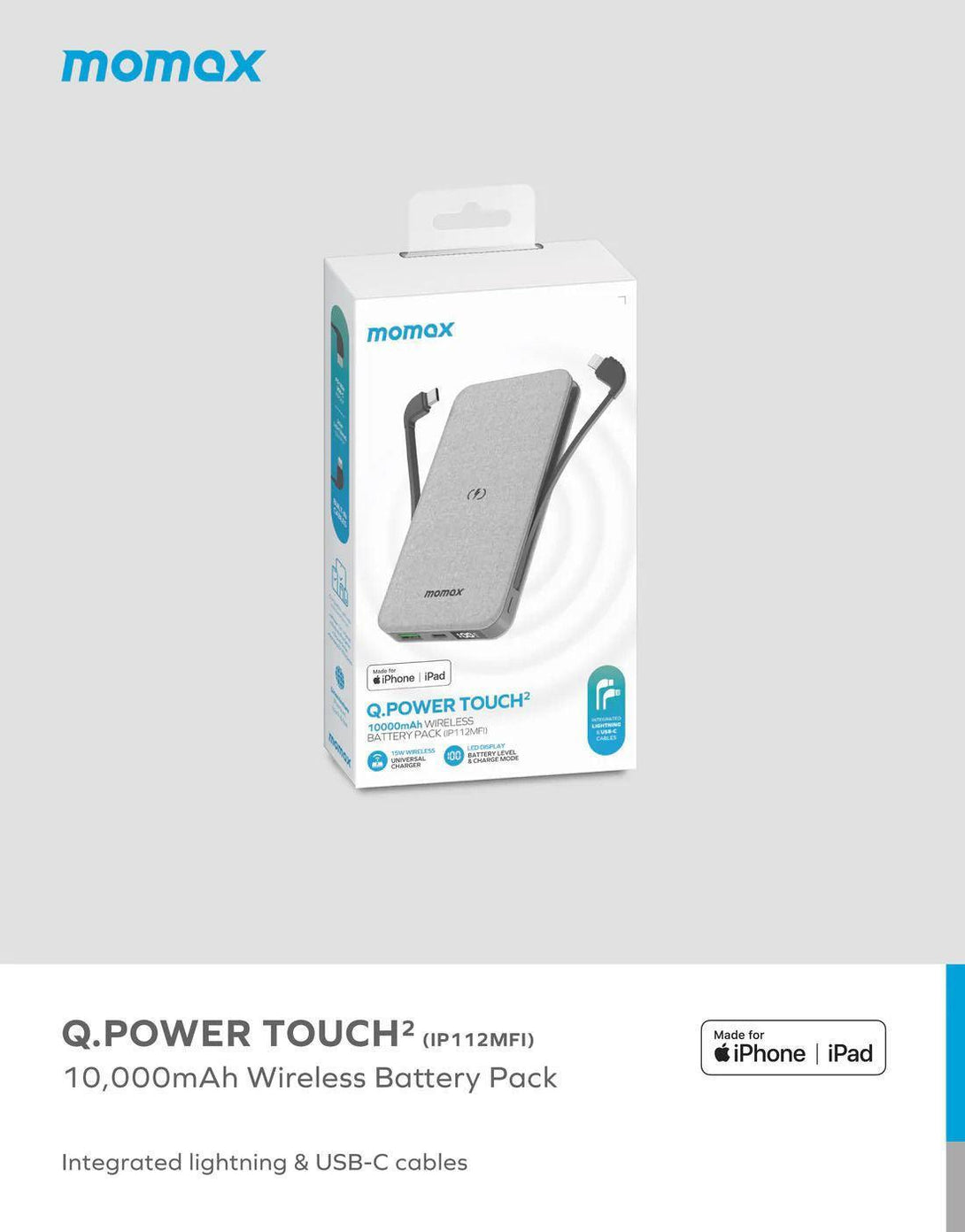 Momax Q.Power Touch 2Wireless Battery Pack 10000mAh - Light Grey - Tech Goods