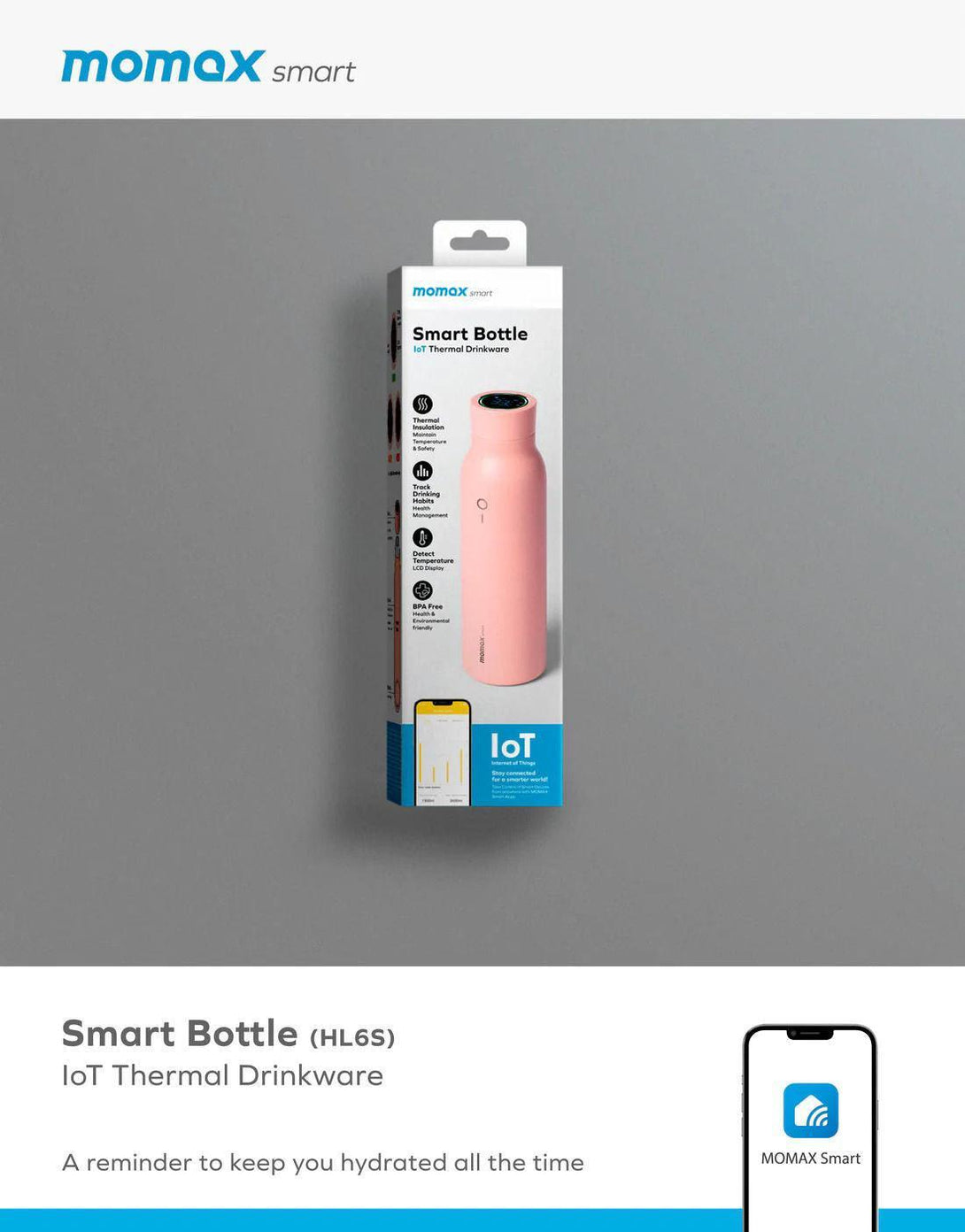 Momax Smart Bottle IoT Thermal Drinkware - Pink - Tech Goods