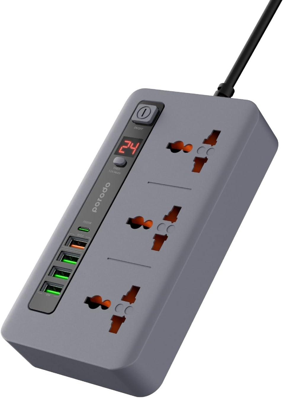 Porodo 3 AC 4 USB-A & USB-C PD 20W Multi-Port Super Hub 2M UK - Gray - Tech Goods