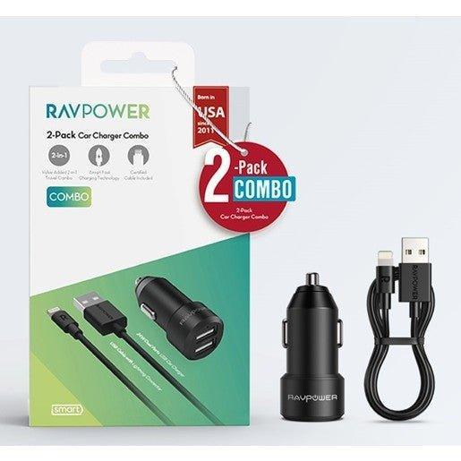 RAVPower Car Charger COMBO 2-Pack (Car Charger 24W+Lightning Cable 1m) - Black - Tech Goods