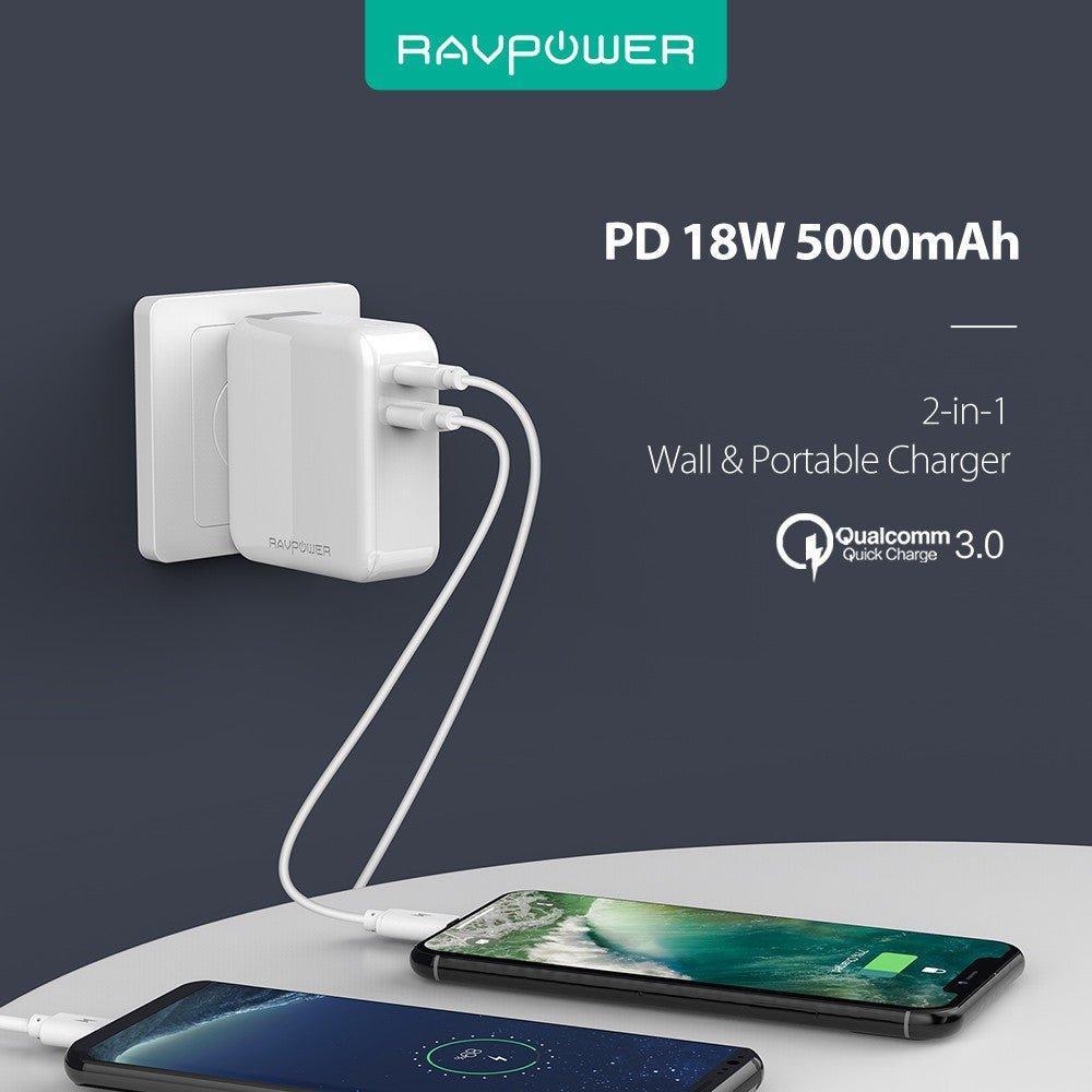 RAVPower Power Bank 2-in-1 5000mAh AC Plug PD QC3.0 - White - Tech Goods