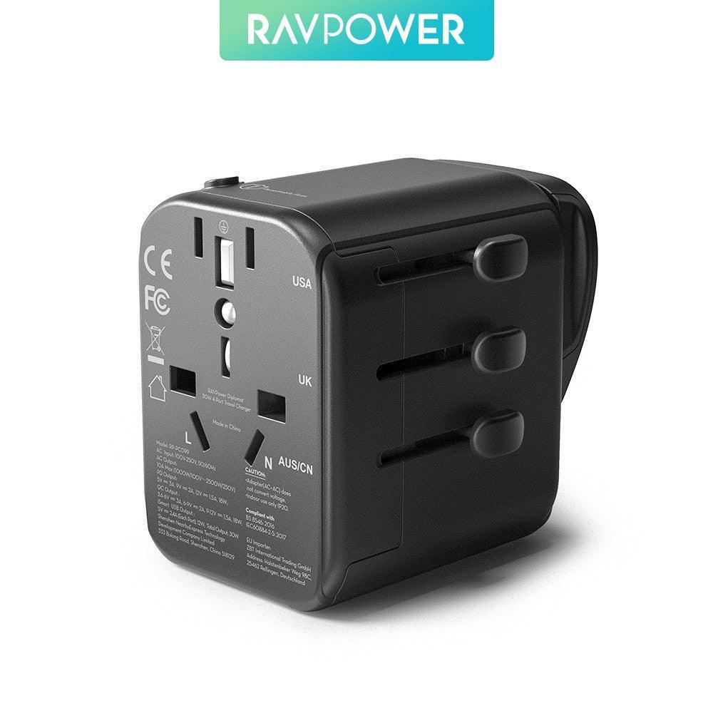 RAVPower Travel Charger Diplomat 30W 4-Port PD QC3.0 - Black - Tech Goods